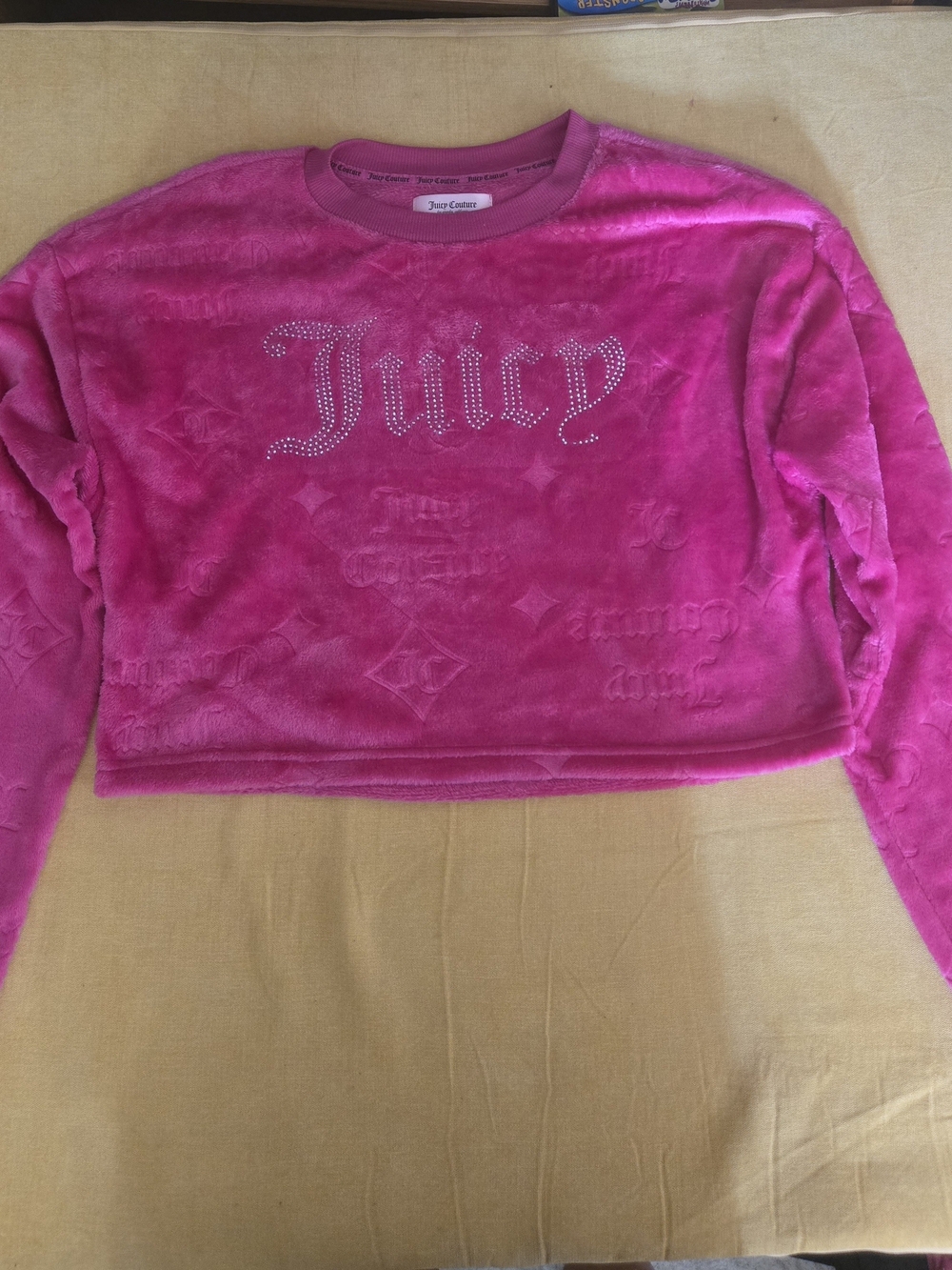 Juicy Couture Cropped Faux Fur Sweatshirt Pink Y2K Rhinestone Logo Large